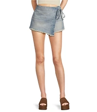 Free People Emmy Denim High Waisted Asymmetric Raw Hem Tie Side Mini Skort