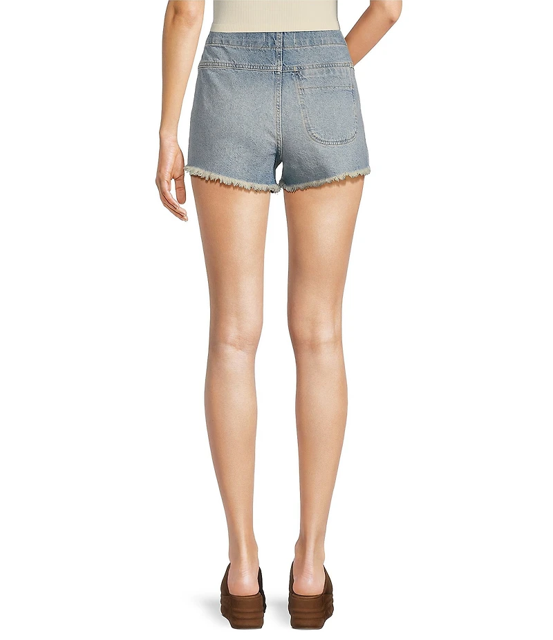 Free People Emmy Denim High Waisted Asymmetric Raw Hem Tie Side Mini Skort