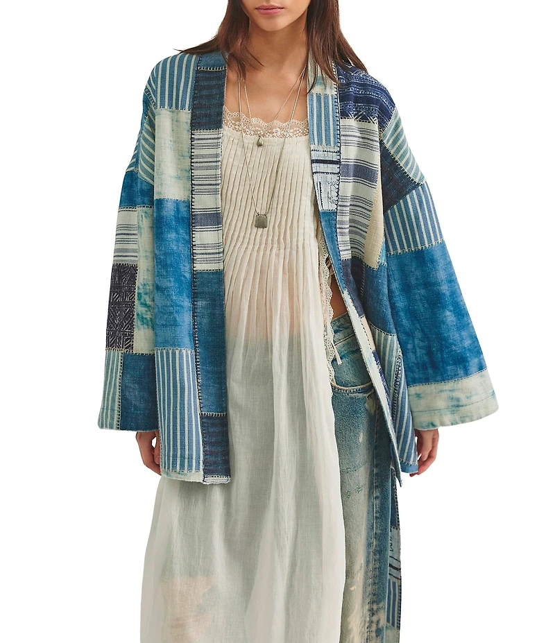 Free People Evie Patchwork V-Neck Long Sleeve Tie-Waist Kimono Jacket