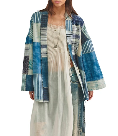 Free People Evie Patchwork V-Neck Long Sleeve Tie-Waist Kimono Jacket