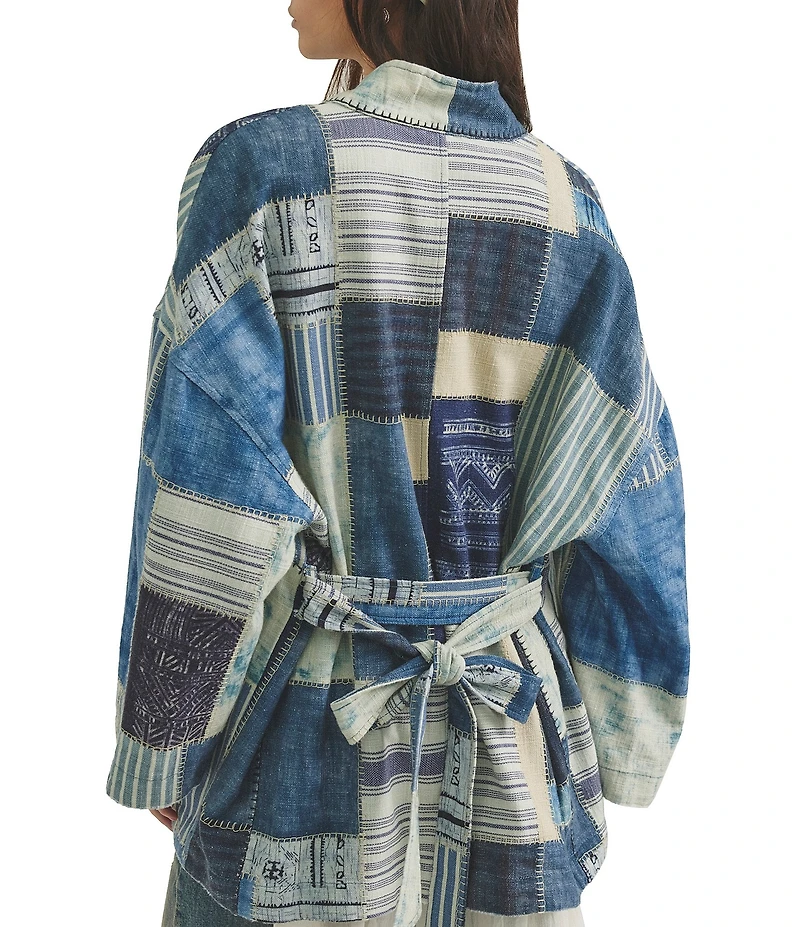 Free People Evie Patchwork V-Neck Long Sleeve Tie-Waist Kimono Jacket