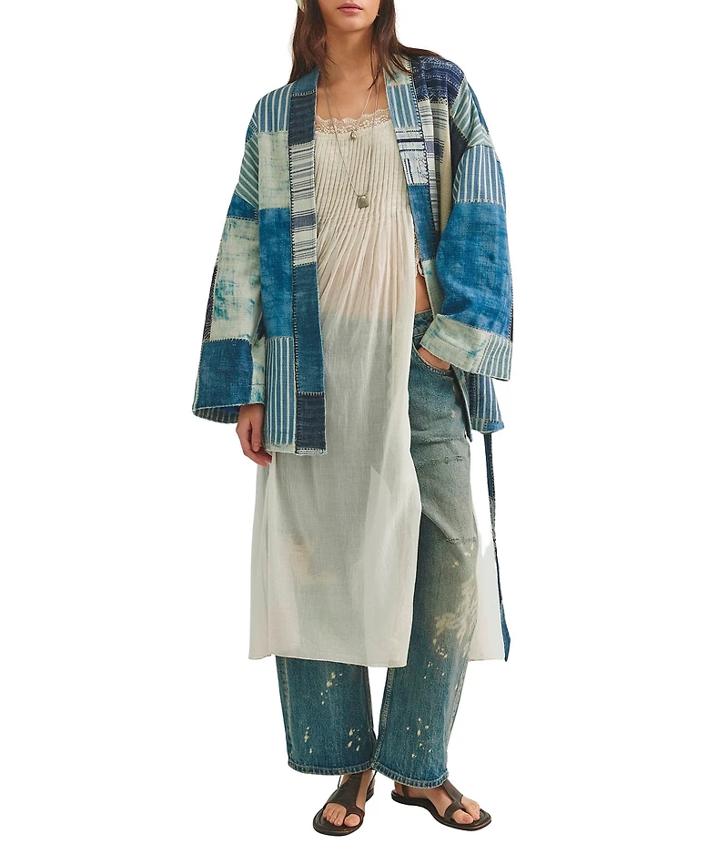 Free People Evie Patchwork V-Neck Long Sleeve Tie-Waist Kimono Jacket