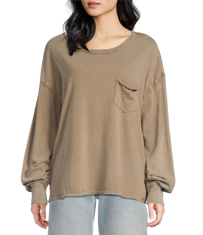 Free People Fade Into You Scoop Neck Long Sleeve Front Pocket Tee Shirt