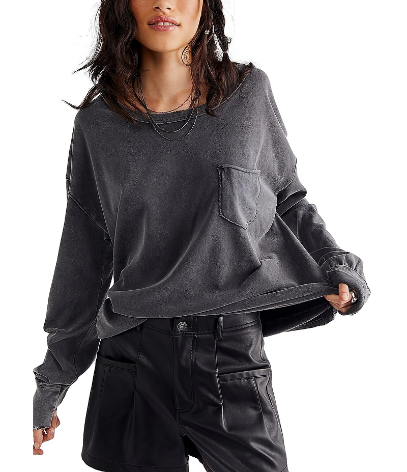 Free People Fade Into You Scoop Neck Long Sleeve Front Pocket Tee Shirt