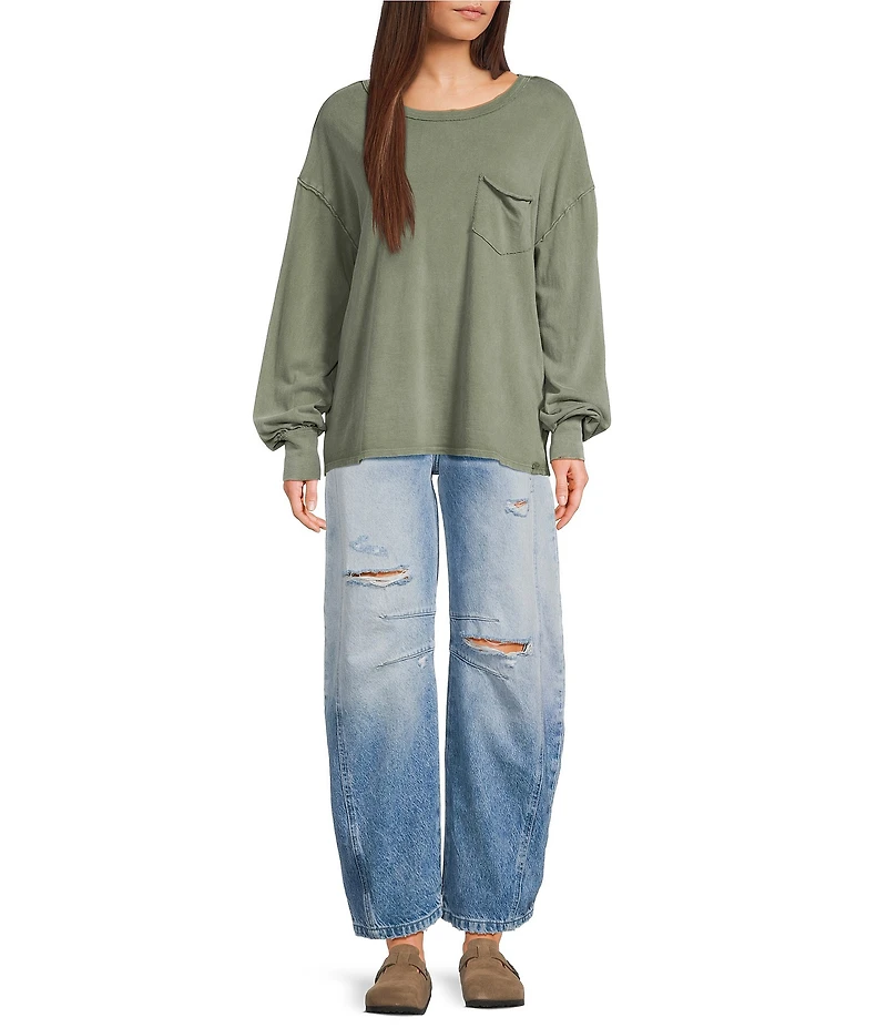 Free People Fade Into You Scoop Neck Long Sleeve Front Pocket Tee Shirt
