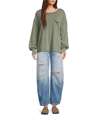 Free People Fade Into You Scoop Neck Long Sleeve Front Pocket Tee Shirt