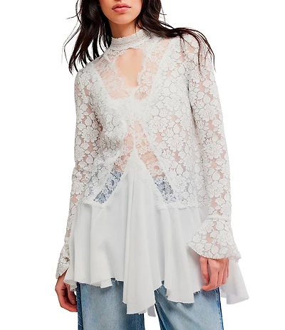 Free People First Crush Lace Mock Neck Long Sleeve High-Low Tunic Top