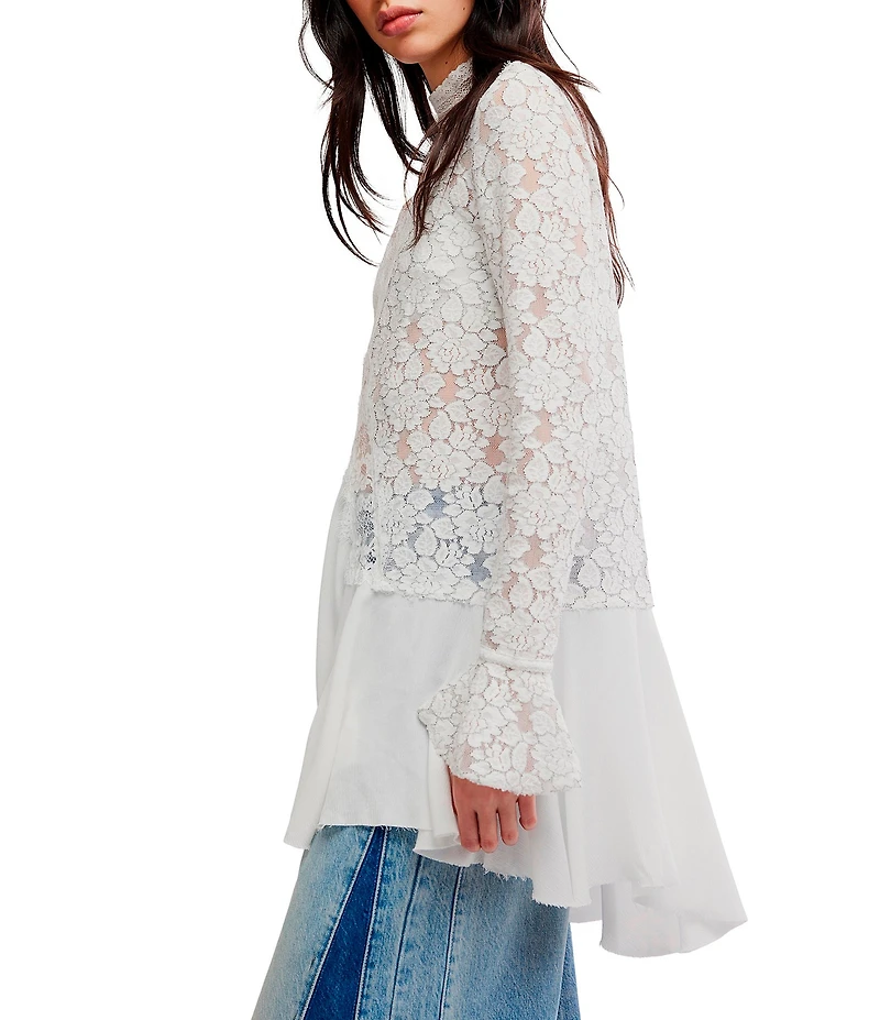Free People First Crush Lace Mock Neck Long Sleeve High-Low Tunic Top