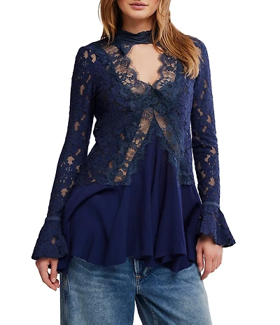 Free People First Crush Lace Mock Neck Long Sleeve High-Low Tunic Top