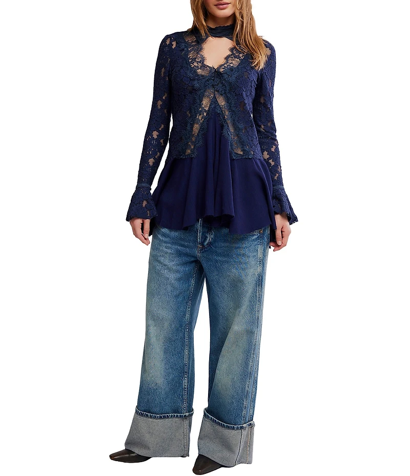 Free People First Crush Lace Mock Neck Long Sleeve High-Low Tunic Top