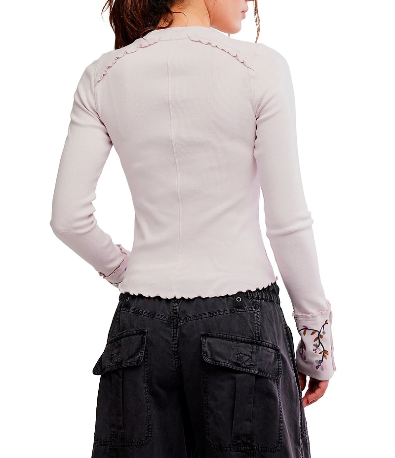 Free People Fleur Embroidered Henley Neck Long Sleeve Top