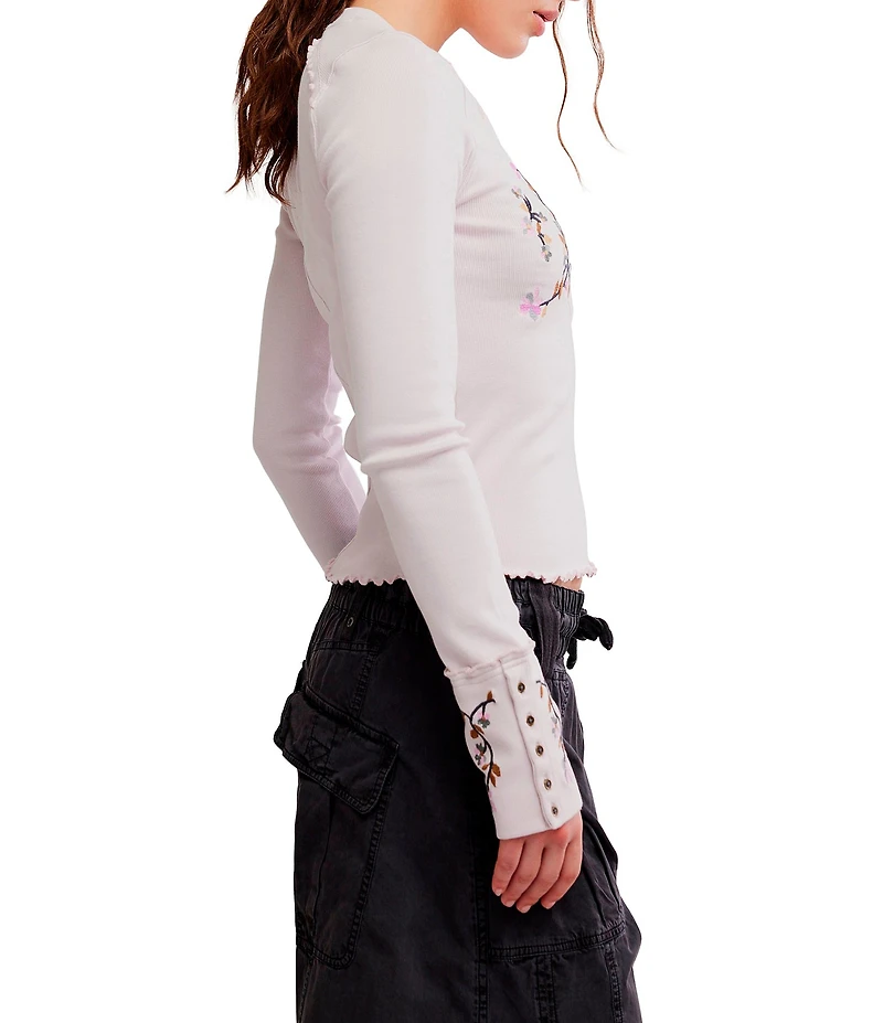 Free People Fleur Embroidered Henley Neck Long Sleeve Top