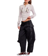 Free People Fleur Embroidered Henley Neck Long Sleeve Top