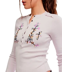 Free People Fleur Embroidered Henley Neck Long Sleeve Top
