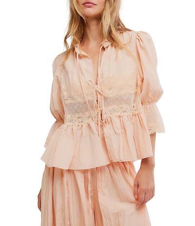 Free People Forever Young Woven 3/4 Sleeve Split Round Neck Bed Jacket