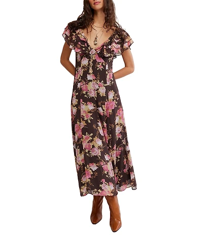 Free People Forsythia Floral Print V-Neck Cap Sleeve Maxi Dress
