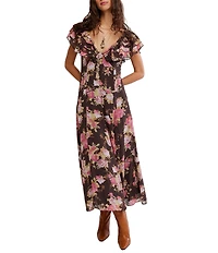 Free People Forsythia Floral Print V-Neck Cap Sleeve Maxi Dress