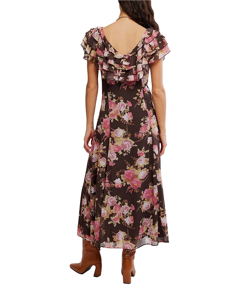 Free People Forsythia Floral Print V-Neck Cap Sleeve Maxi Dress