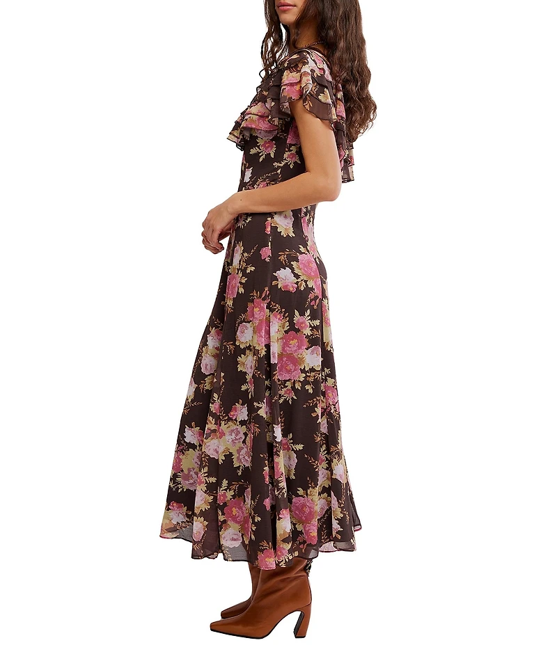 Free People Forsythia Floral Print V-Neck Cap Sleeve Maxi Dress