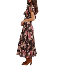 Free People Forsythia Floral Print V-Neck Cap Sleeve Maxi Dress