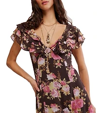 Free People Forsythia Floral Print V-Neck Cap Sleeve Maxi Dress