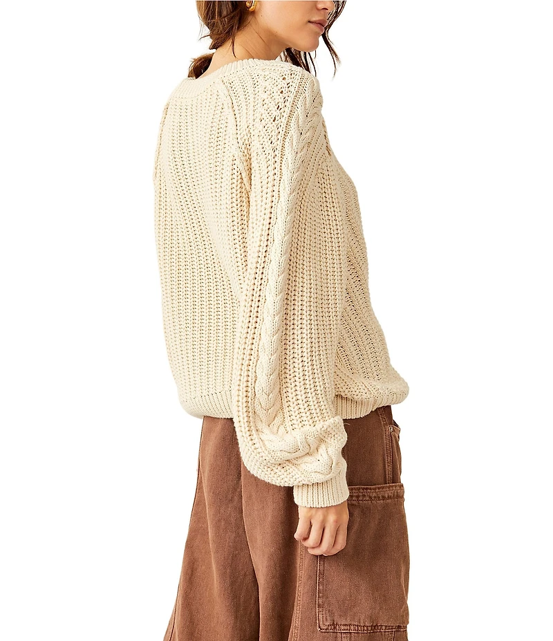 Free People Frankie Cable Knit Crew Neck Long Sleeve Sweater