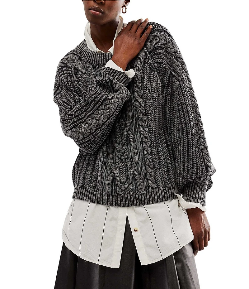 Free People Frankie Cable Knit Crew Neck Long Sleeve Sweater