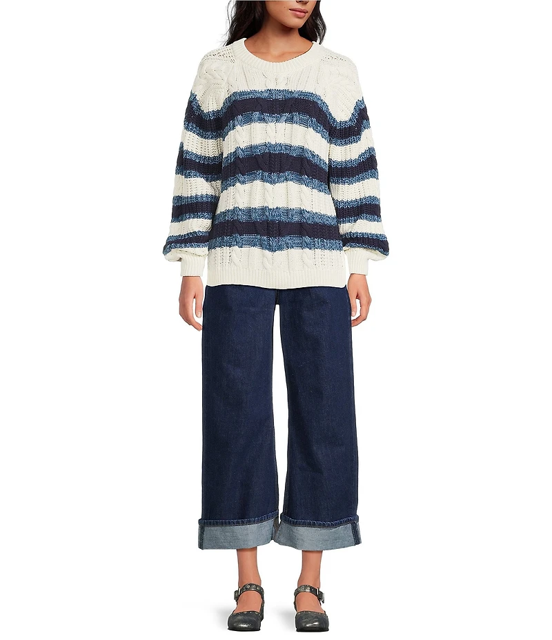 Free People Frankie Cable Stripe Crew Neck Long Sleeve Sweater