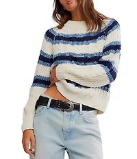 Free People Frankie Cable Stripe Crew Neck Long Sleeve Sweater