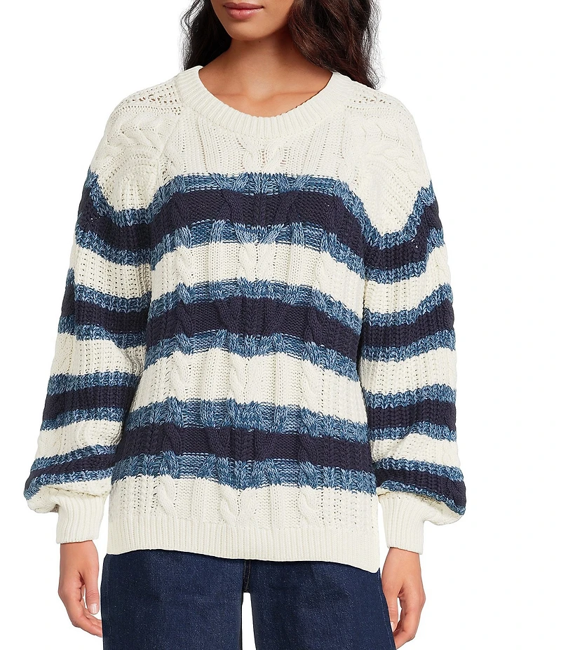Free People Frankie Cable Stripe Crew Neck Long Sleeve Sweater