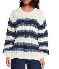Free People Frankie Cable Stripe Crew Neck Long Sleeve Sweater