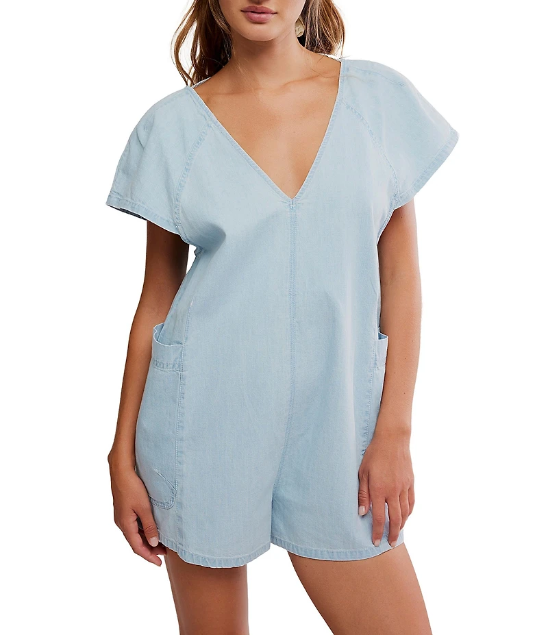 Free People Free Fall V-Neck Short Sleeve Denim Romper