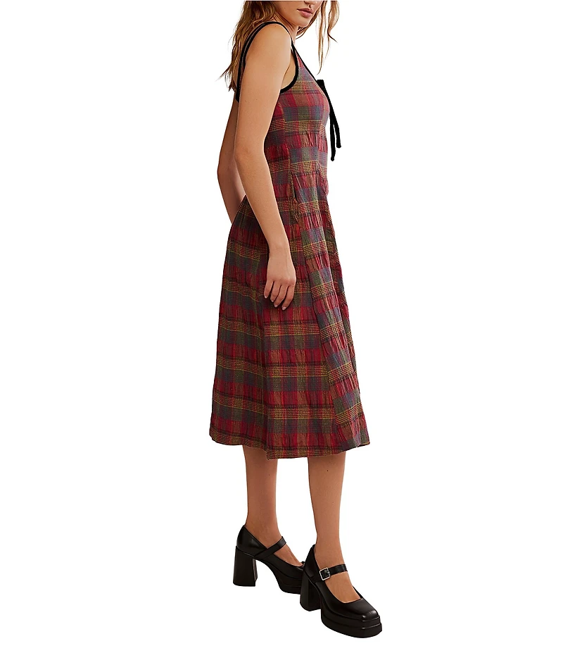 Free People Freya Plaid Print Bow Square Neck Sleeveless Midi Dress