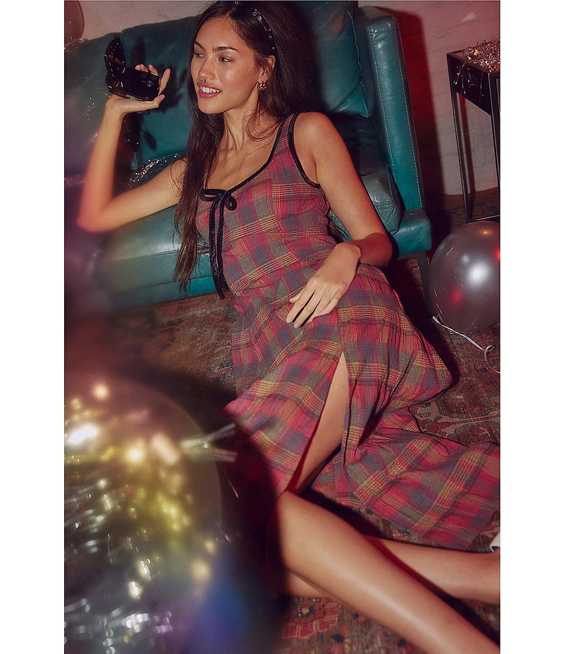 Free People Freya Plaid Print Bow Square Neck Sleeveless Midi Dress