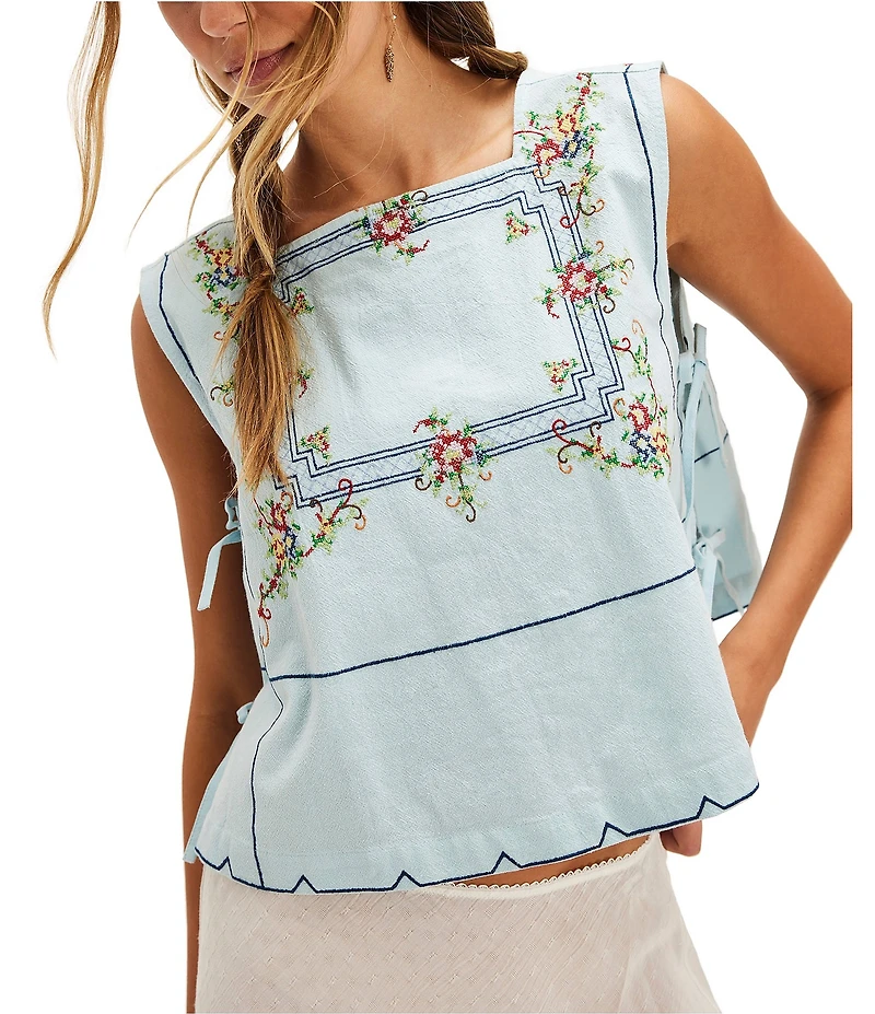 Free People Garden Wall Embroidered Square Neck Sleeveless Top