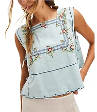 Free People Garden Wall Embroidered Square Neck Sleeveless Top
