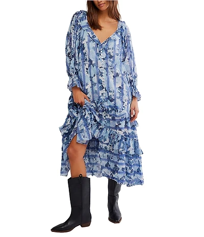 Free People Garden Wonders Ruffle V-Neck Long Sleeve Button Front Tiered Midi Dress