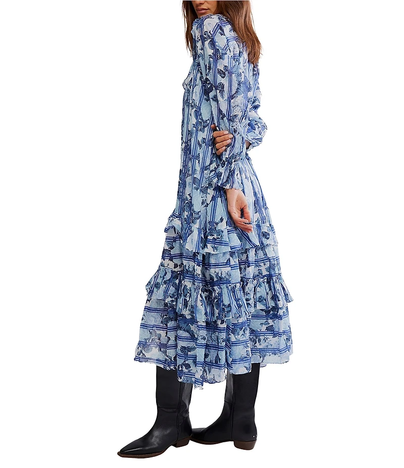 Free People Garden Wonders Ruffle V-Neck Long Sleeve Button Front Tiered Midi Dress