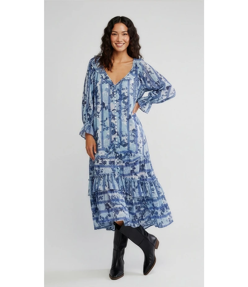 Free People Garden Wonders Ruffle V-Neck Long Sleeve Button Front Tiered Midi Dress