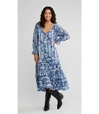 Free People Garden Wonders Ruffle V-Neck Long Sleeve Button Front Tiered Midi Dress