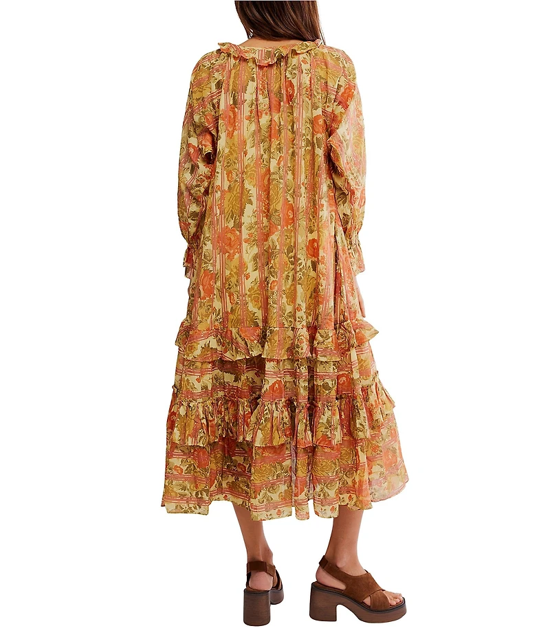 Free People Garden Wonders Ruffle V-Neck Long Sleeve Button Front Tiered Midi Dress