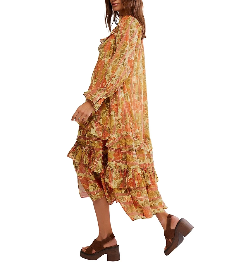 Free People Garden Wonders Ruffle V-Neck Long Sleeve Button Front Tiered Midi Dress