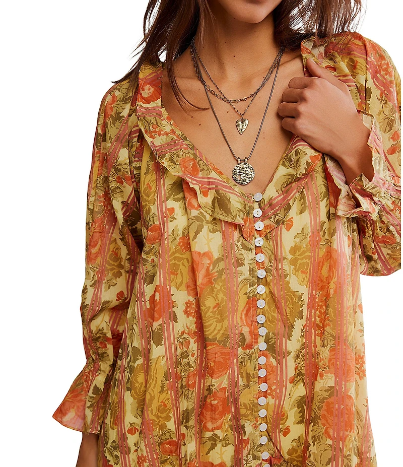 Free People Garden Wonders Ruffle V-Neck Long Sleeve Button Front Tiered Midi Dress