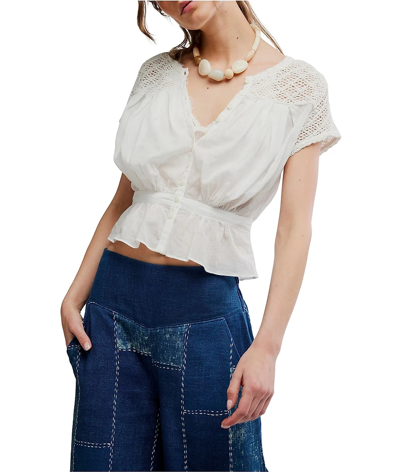 Free People Gemma Embroidered Scoop Neck Short Sleeve Top