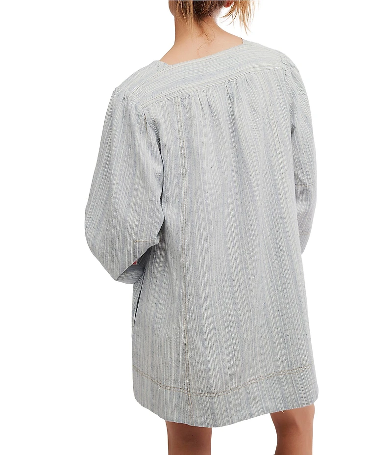 Free People Goldie V-Neck Linen Blend Balloon Sleeve A-Line Mini Dress