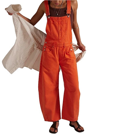 Free People Good Luck Square Neck Sleeveless Barrel Leg Denim Overalls