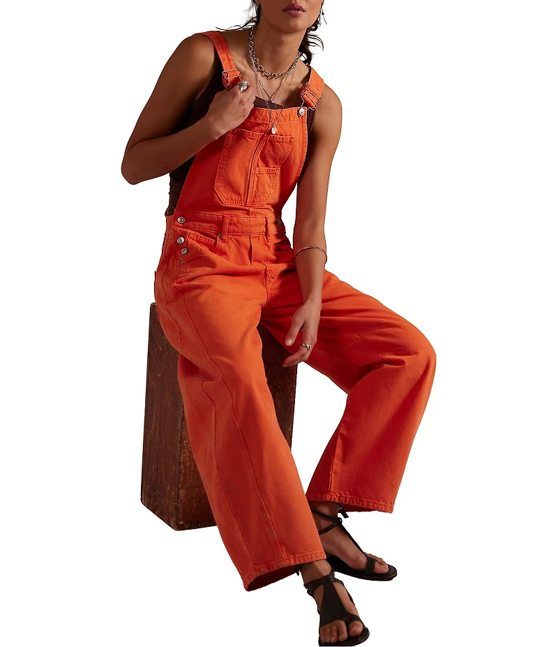 Free People Good Luck Square Neck Sleeveless Barrel Leg Denim Overalls