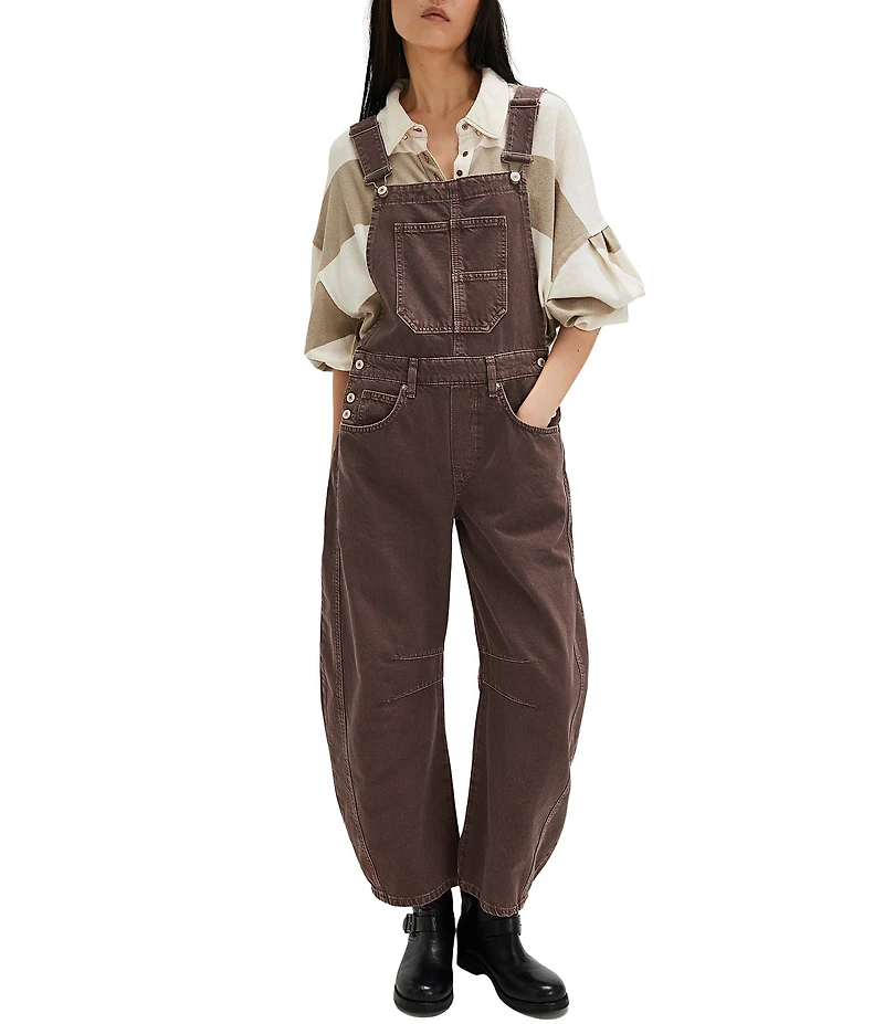 Free People Good Luck Square Neck Sleeveless Barrel Leg Denim Overalls