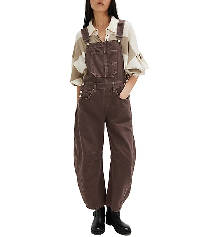 Free People Good Luck Square Neck Sleeveless Barrel Leg Denim Overalls