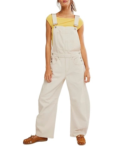 Free People Good Luck Square Neck Sleeveless Barrel Leg Denim Overalls